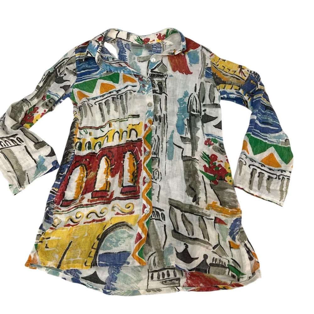 Chico’s Linen Architecture Print Button-Front Shirt Tunic Top Art to Wear.